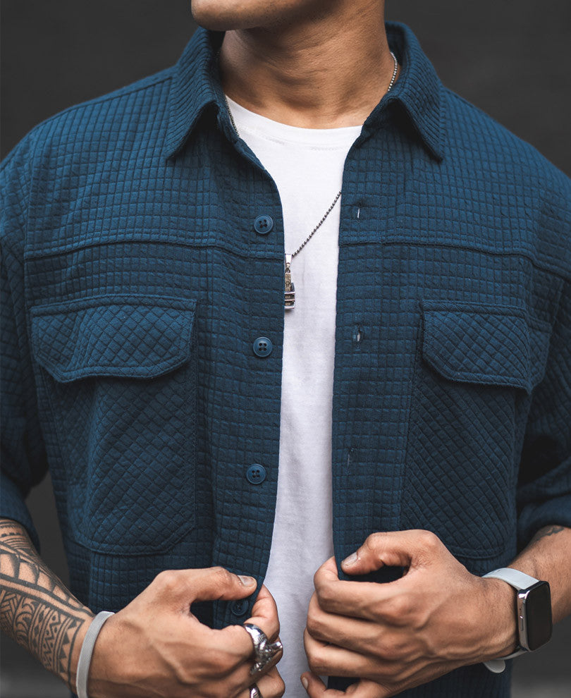 Teal Blue Structured Knit Shacket Oversized Shirt.