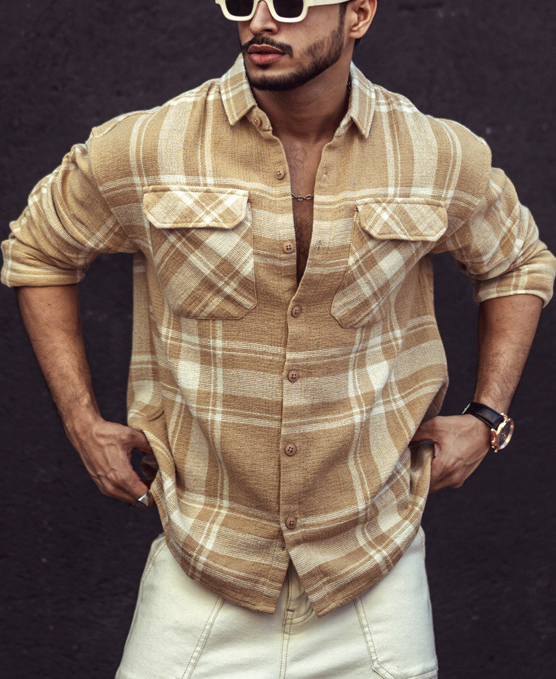 Beige and White Checks Oversize Drop Shoulder Shirt.