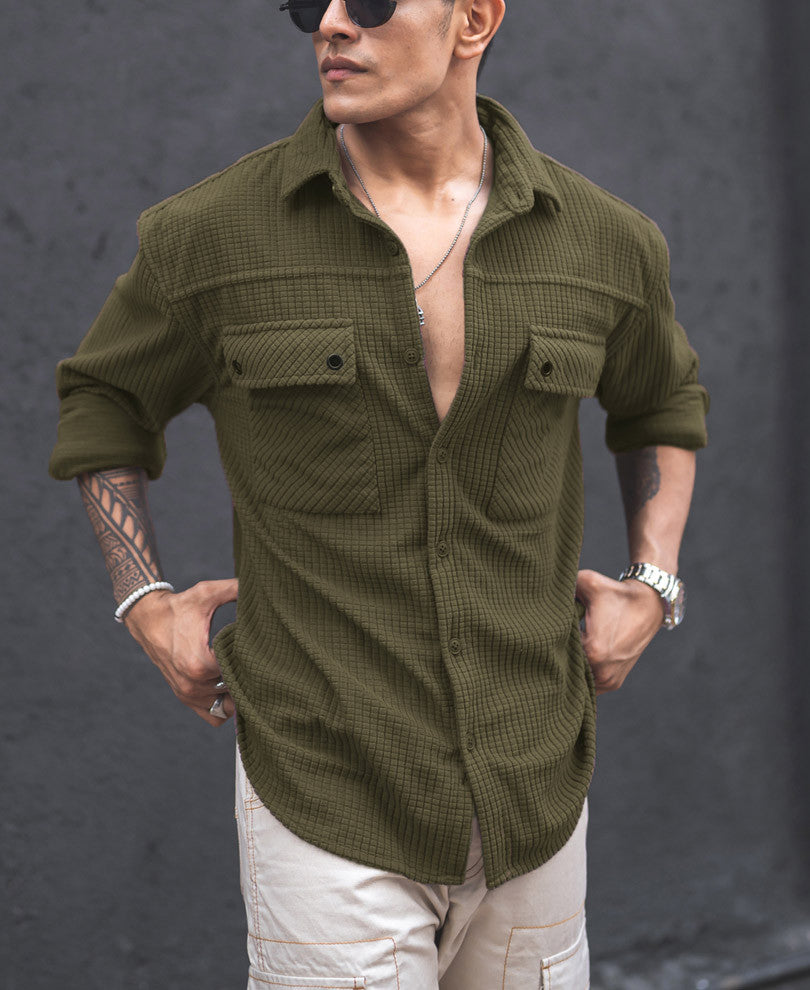 Olive Green Structured Knit Oversized Shirt.