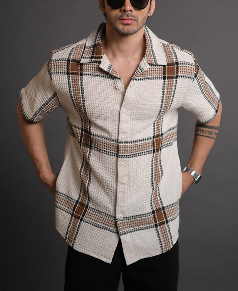Off White and Brown Structured Checks Half Sleeves Shirt.