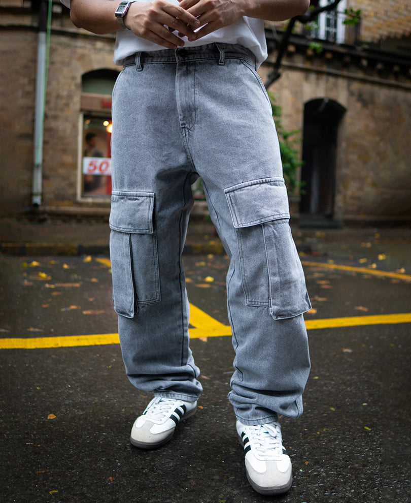 Charcoal Grey Baggy Fit Denim Jeans with Cargo Pockets.