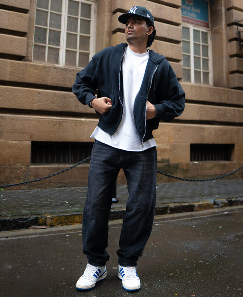 Black Carbon Wash Baggy Fit Denim Jeans.