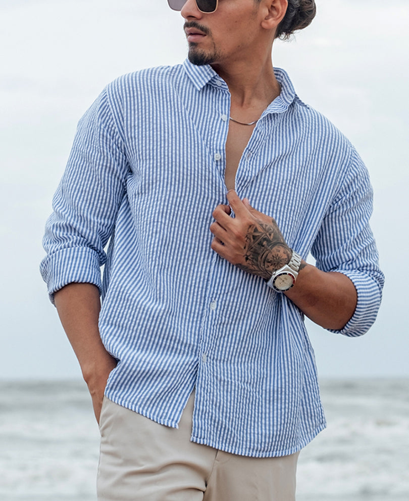 Blue and White Regular fit Striped Full Sleeves Shirt.