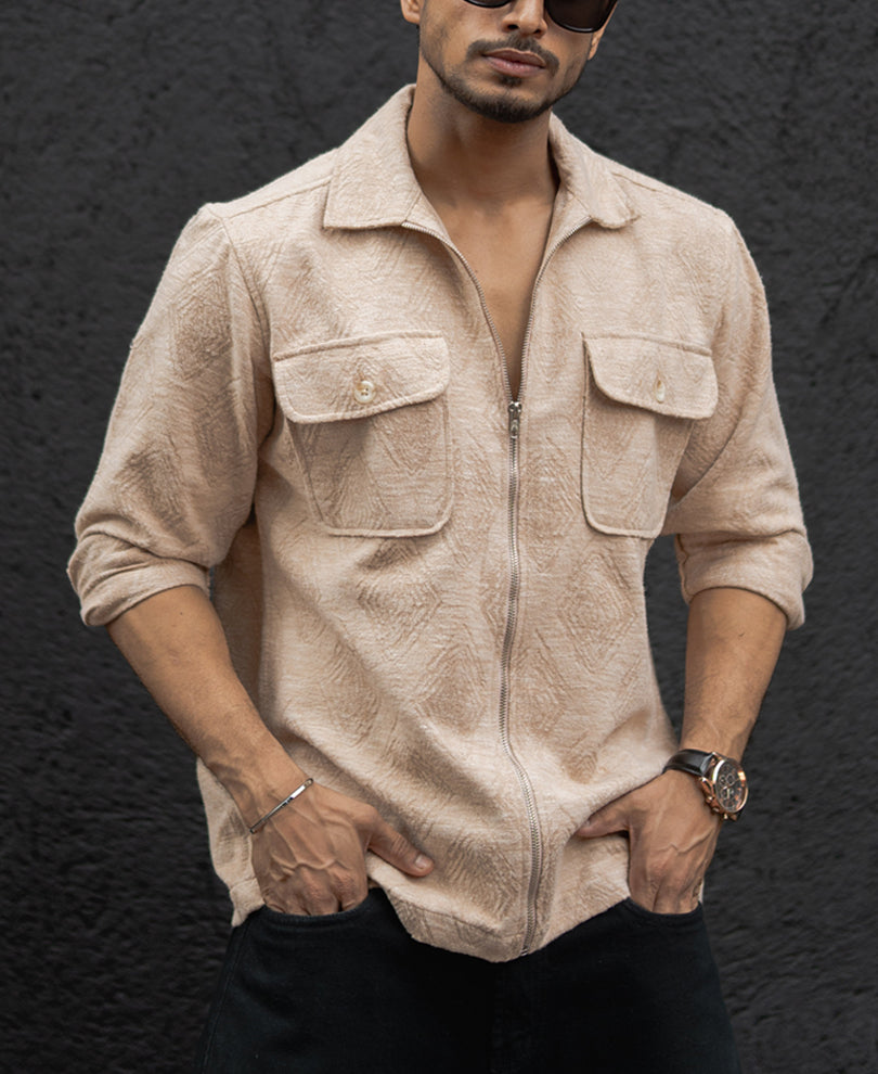 Dark Fawn Regular Fit Full Sleeves Shirt With Zip.