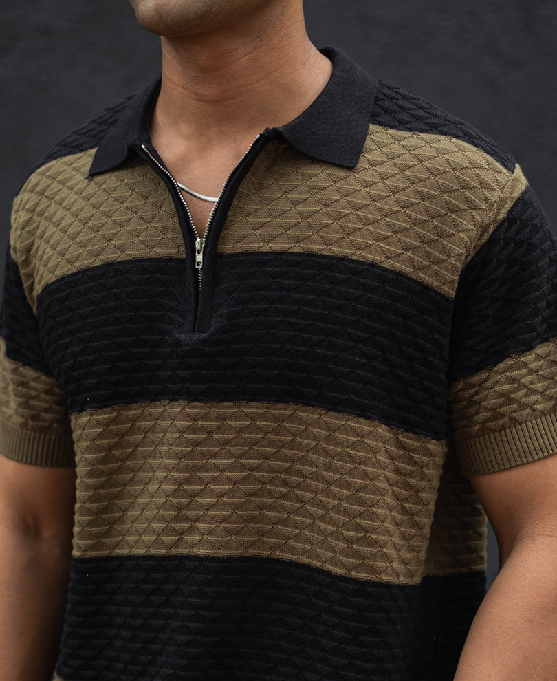 Olive Green and Black Structured Striped Regular Half Sleeves T Shirt.