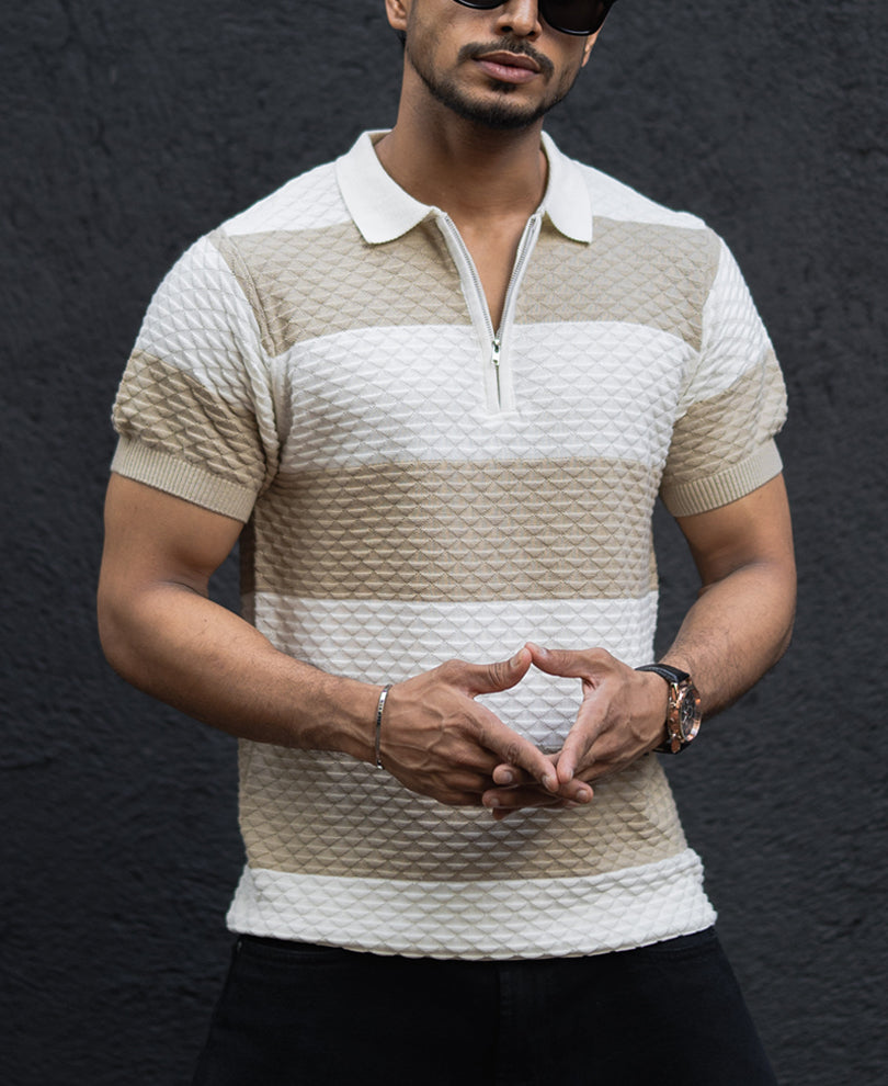 Off White Structured Striped Regular Half Sleeves T Shirt.