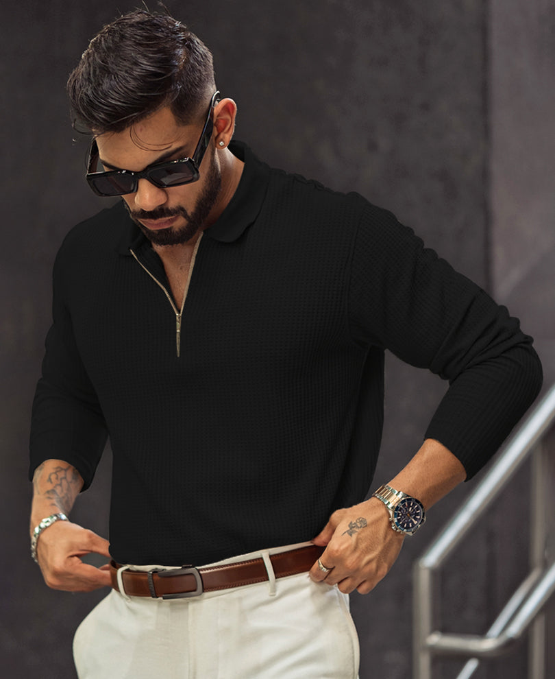 Black Regular Fit Full Sleeves Collar Neck T-Shirt With Chain.