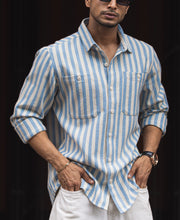 Blue And White Stripes Regular Fit Full Sleeves Shirt.