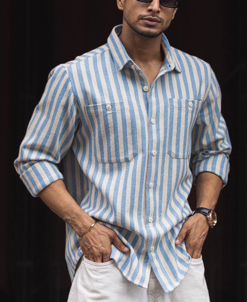 Blue And White Stripes Regular Fit Full Sleeves Shirt.