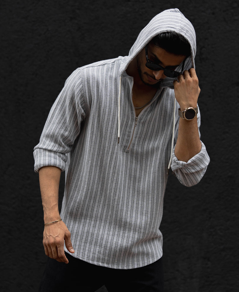 Grey Regular Fit Full Sleeves Hoodie Shirt.