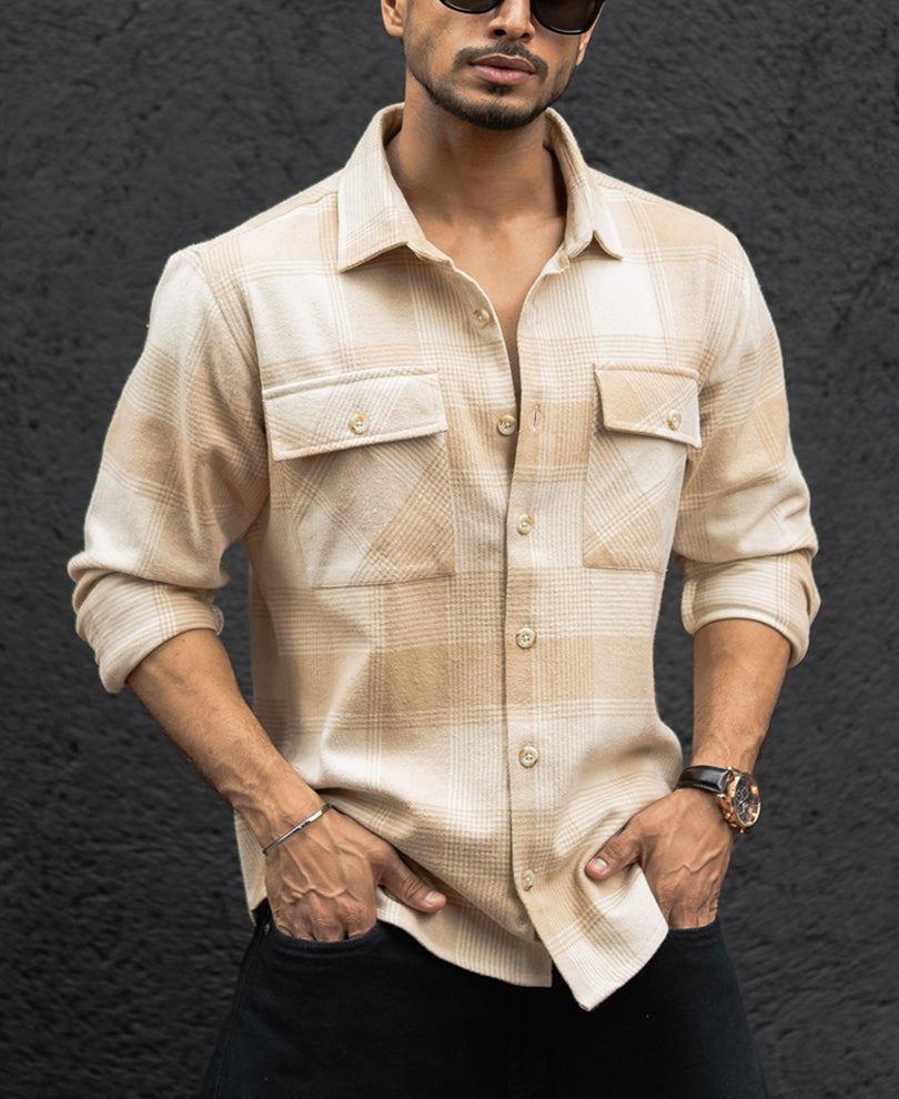 Light Beige Structured Regular Fit Full Sleeves Shirt.