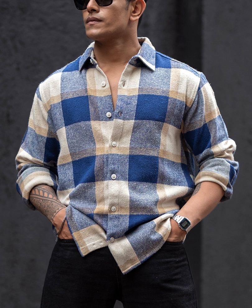 Blue And Off White Checked Regular Fit Full Sleeves Shirt.