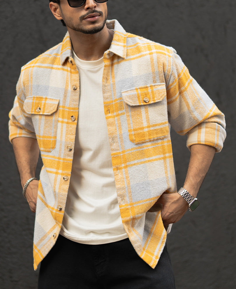 Mustard And Off-White Checks Regular Fit Full Sleeves Shirt.
