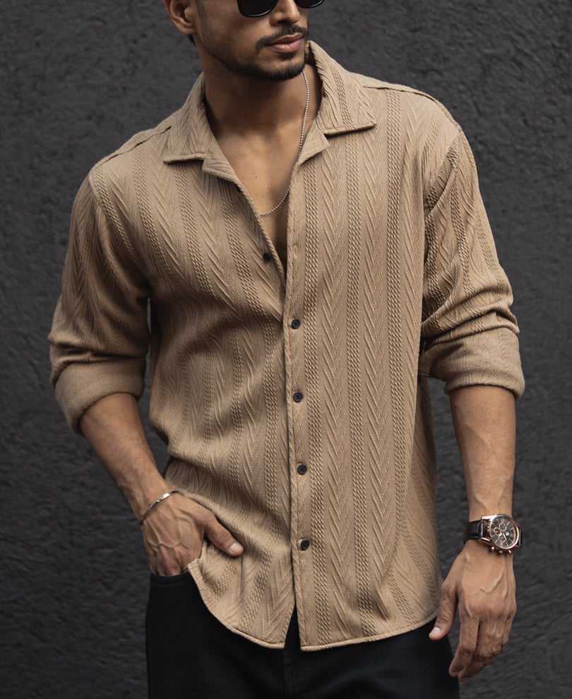 Beige Structured Regular Fit Shirt.