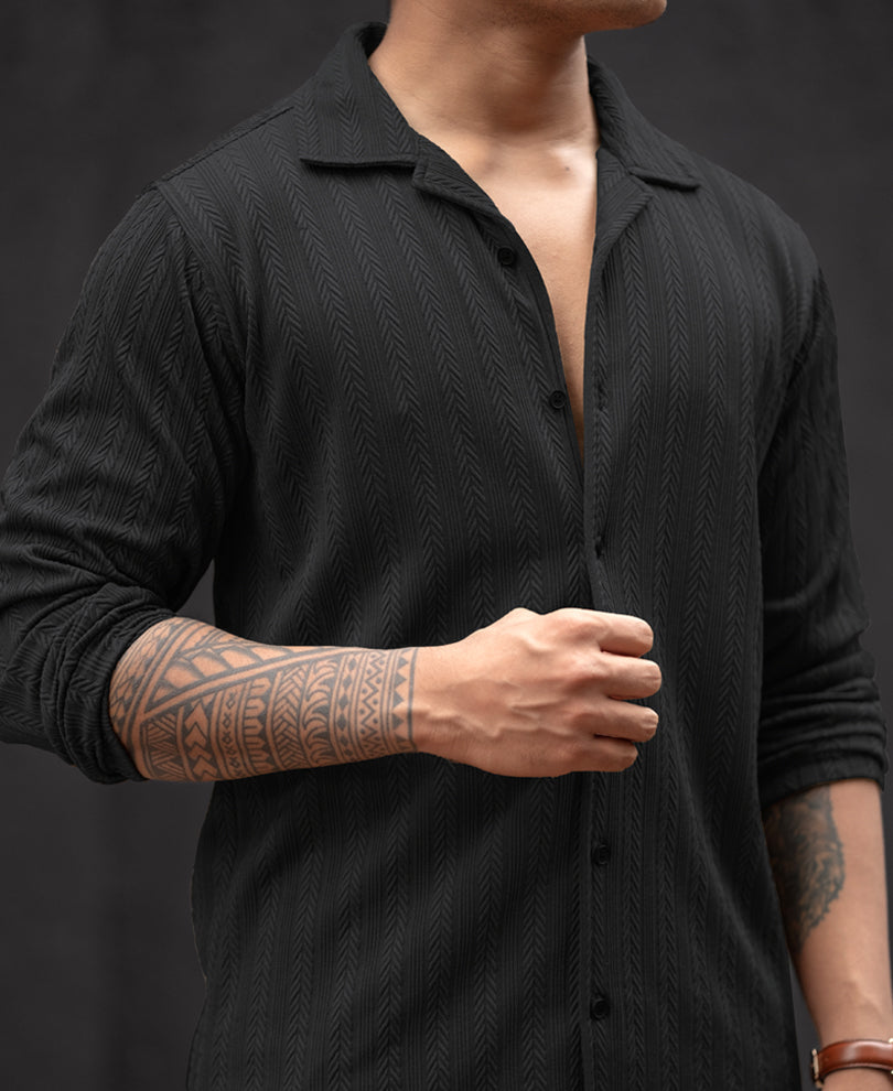 Black Structured Regular Fit Full Sleeves Shirt.