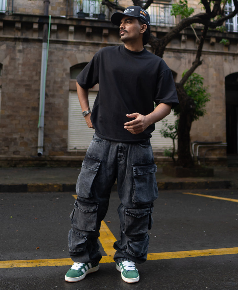 Carbon Black Baggy Fit Cargo Pockets Denim Jeans.