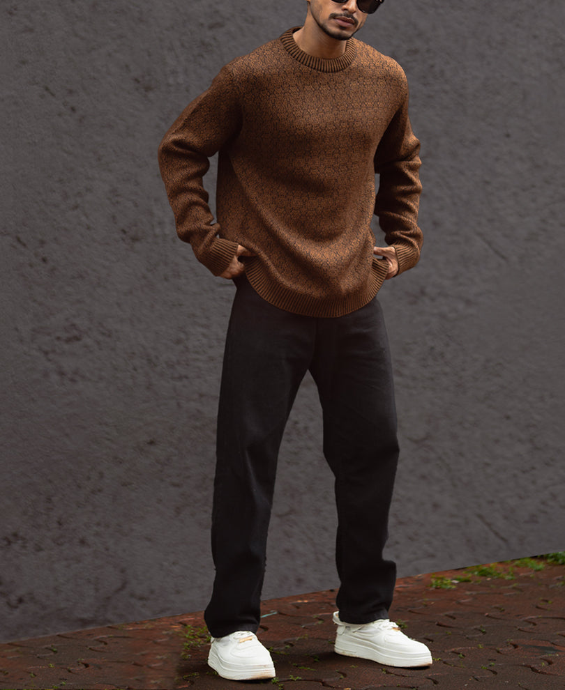 Brown Regular Fit Full Sleeves Round Neck T-Shirt.