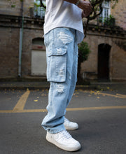 Ice Blue Baggy Fit Distressed Cargo Jeans.