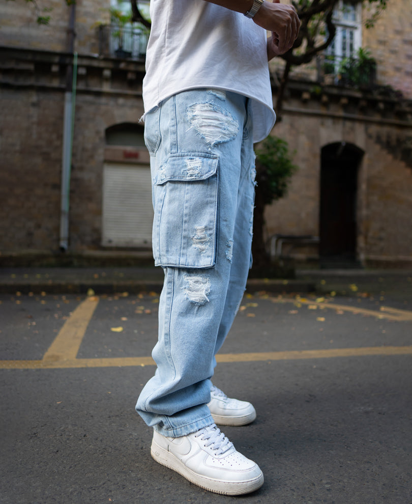 Ice Blue Baggy Fit Distressed Cargo Jeans.