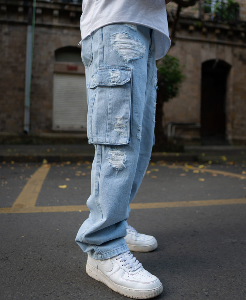 Ice Blue Baggy Fit Distressed Cargo Jeans