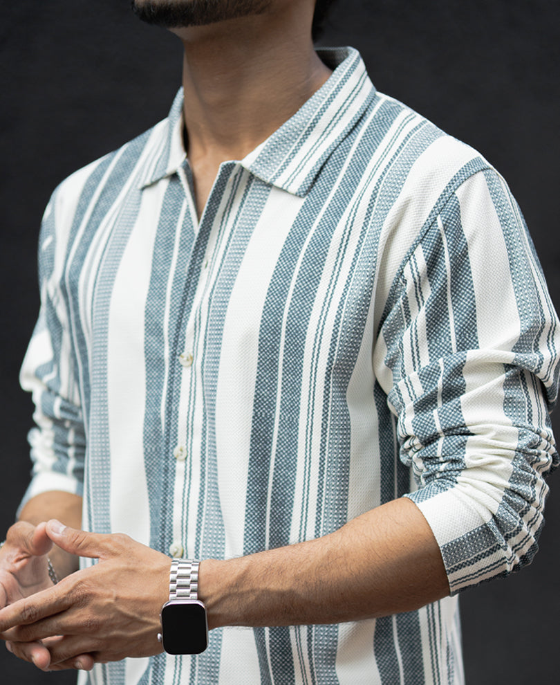 Off White And Blue Striped Regular Fit Full Sleeves Shirt.