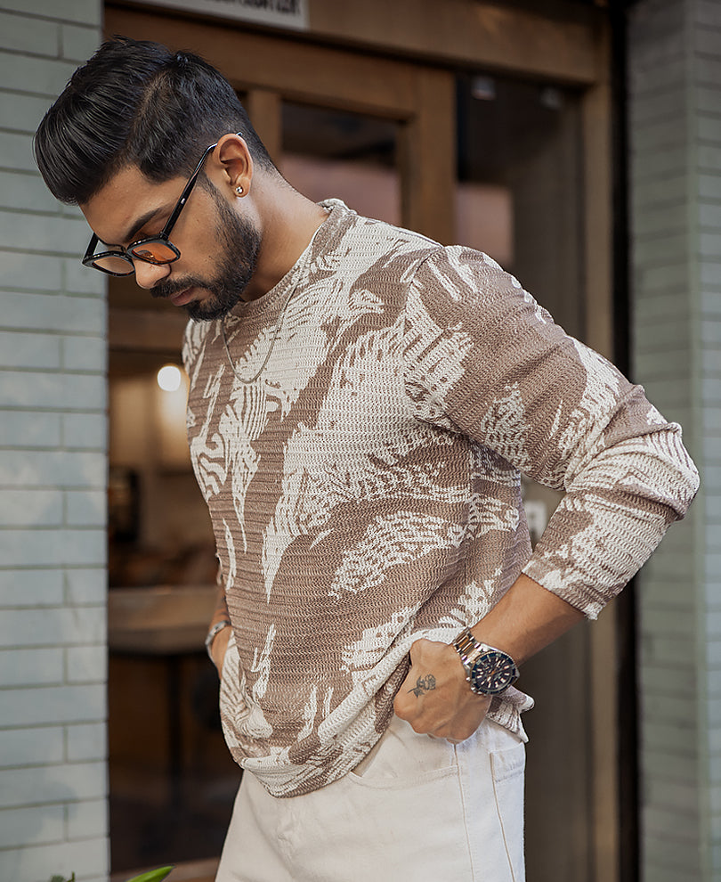 Off-White And Brown Regular Fit Printed Full Sleeves T-Shirt.