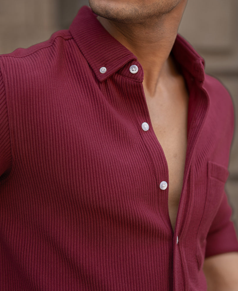Maroon Corduroy Regular Full Sleeves Shirt.