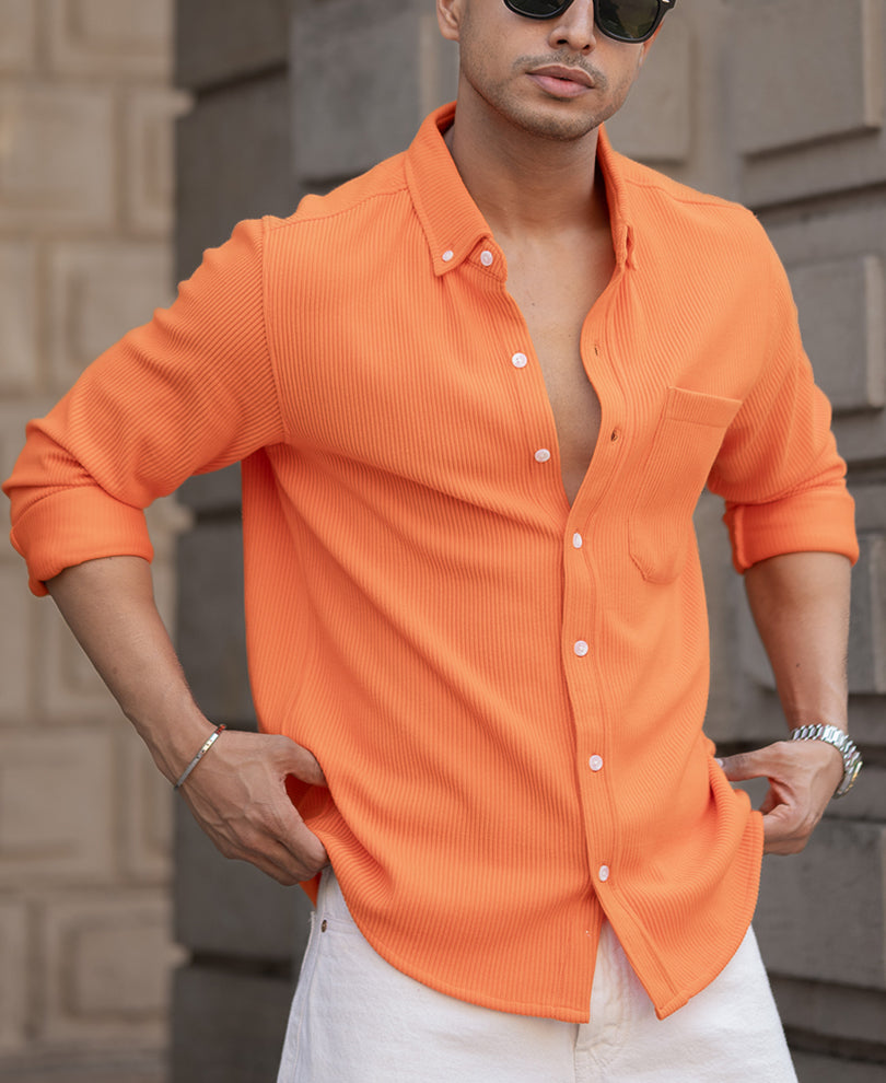 Orange Corduroy Regular Fit Full Sleeves Shirt.