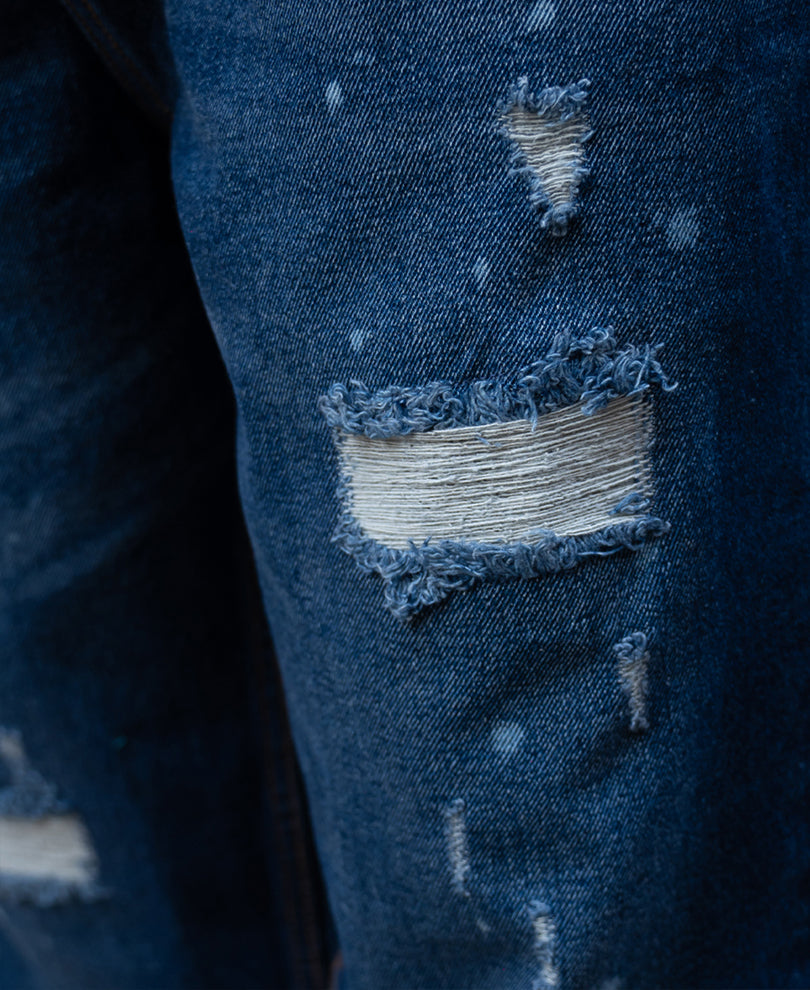 Dark Blue Distressed Baggy Fit Jeans.