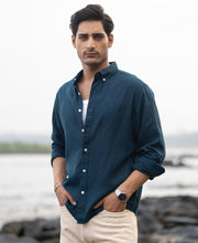 Dark Teal Linen Blend Shirt.