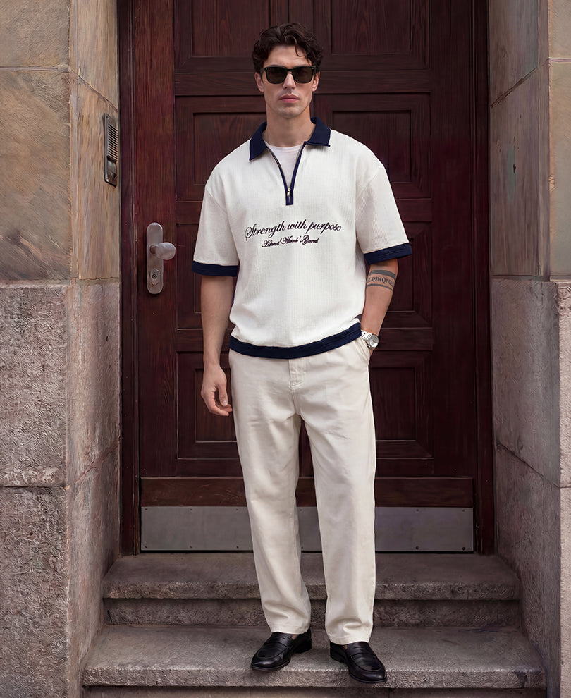 White Contrast Embroidery T-Shirt