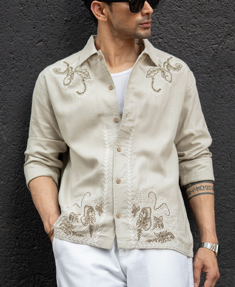 Beige Floral Embroidery Shirt.