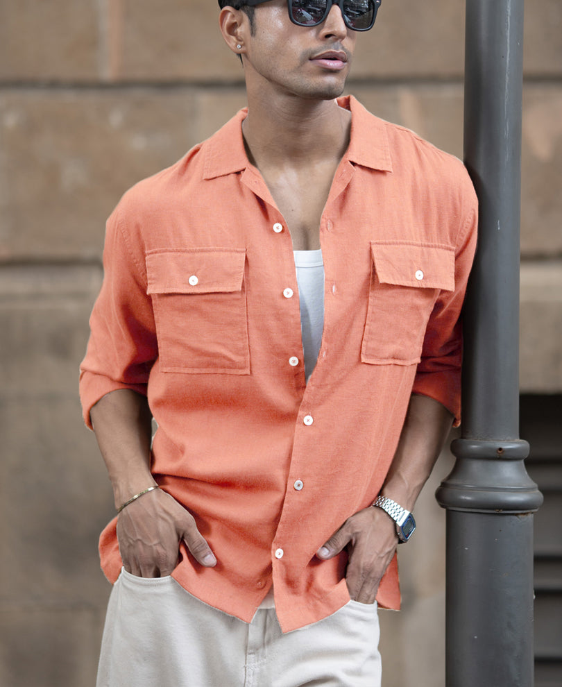 Peach Linen Double Pocket Shirt.