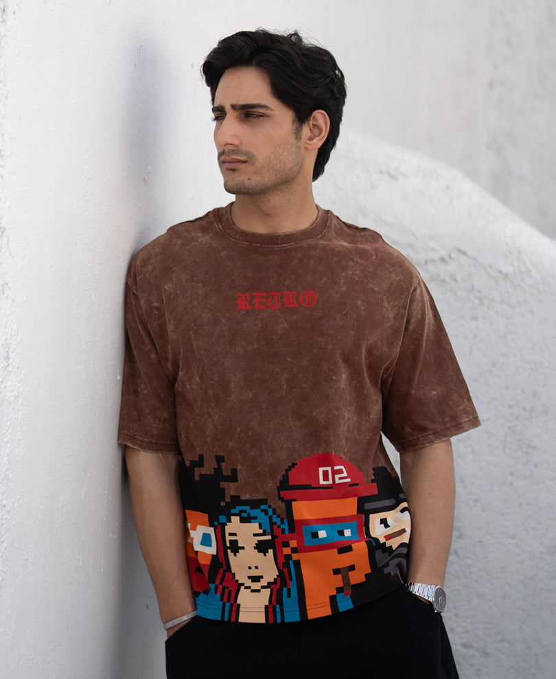 Brown Washed Lego Print T-Shirt.