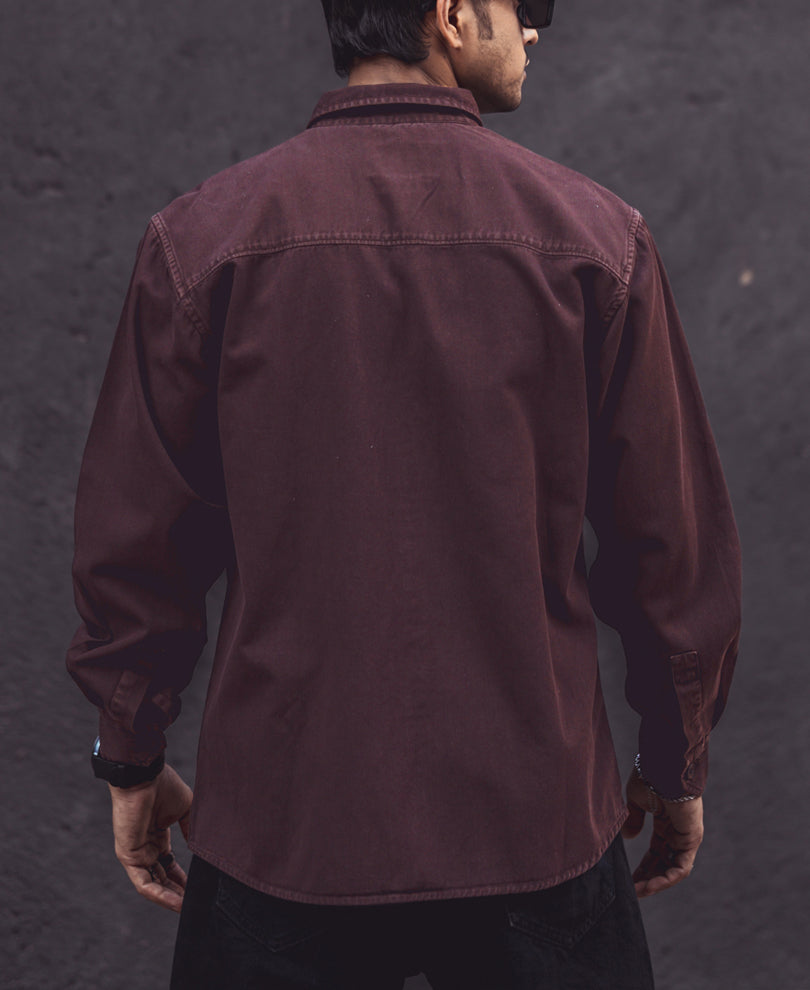 Dark Brown Denim Shacket Full Sleeves Shirt.