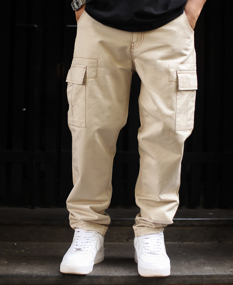 Cream Regular Fit Pocket Cargo Pant.
