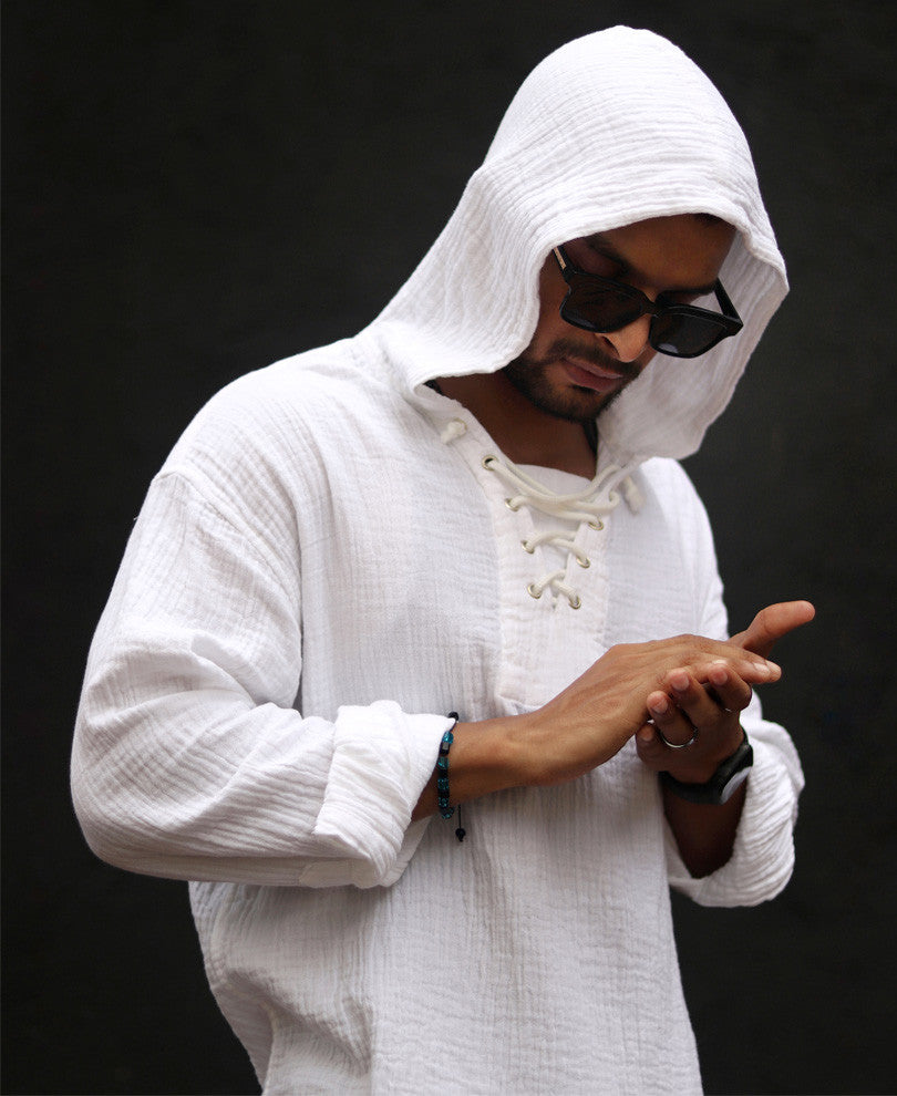 White Hoodie Oversize Drop Shoulder Shirt.