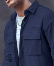 Navy Blue Pocket Oversize Shacket Drop Shoulder Shirt.