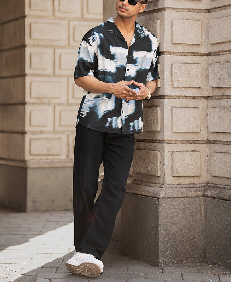 Black Abstract Cuban Printed Oversized Half Sleeves Shirt.