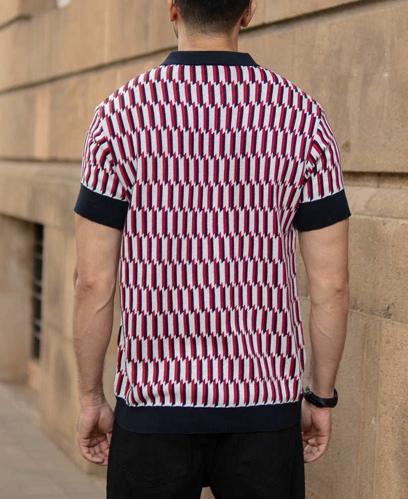Multicolour Jacquard Knit Polo T-Shirt.