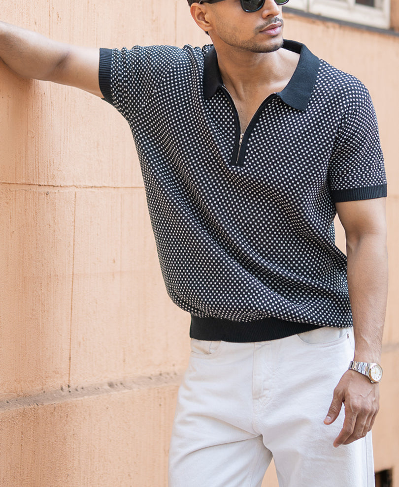 Black Jacquard Knit Polo T-Shirt.