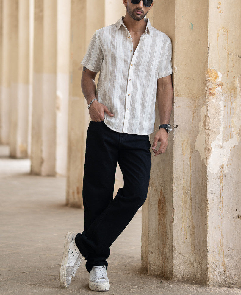 Beige Structured Stripe Shirt.
