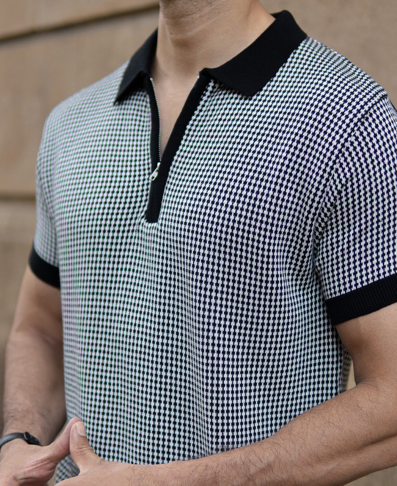 Black And White Knit Polo T-Shirt.