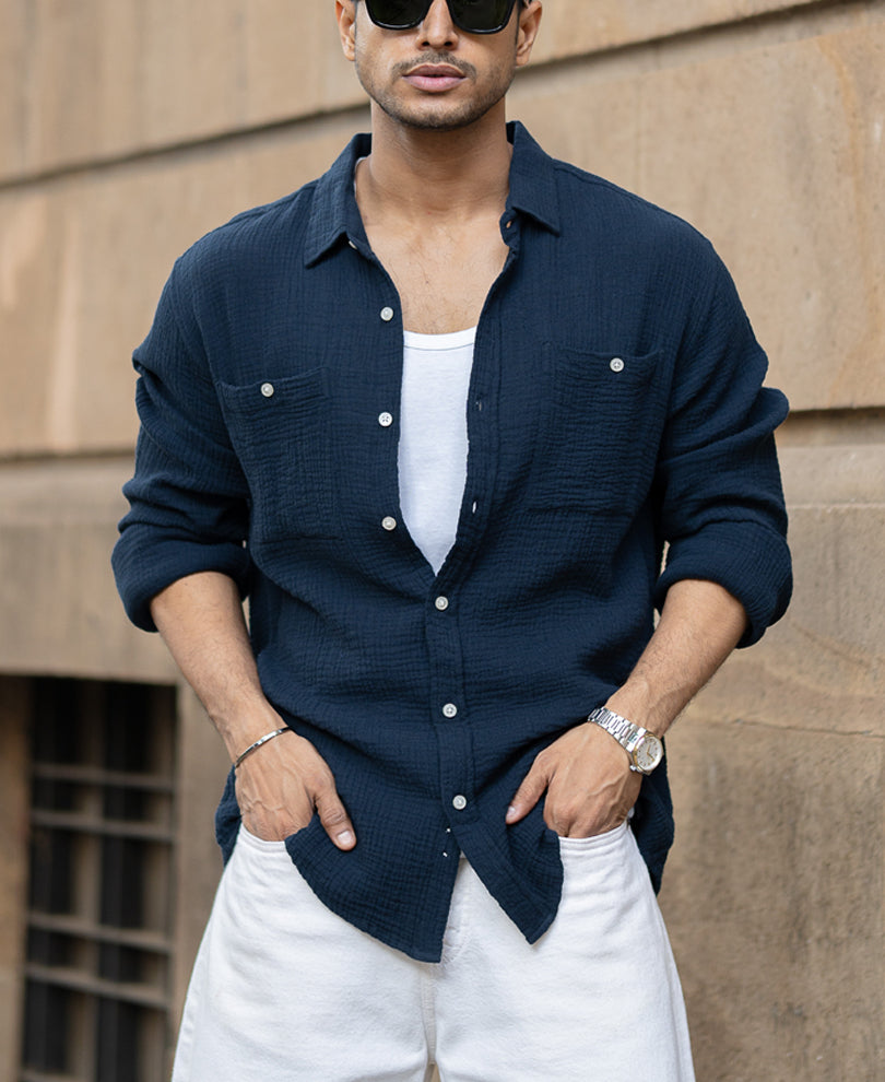 Navy Crinkled Shirt With Pockets.