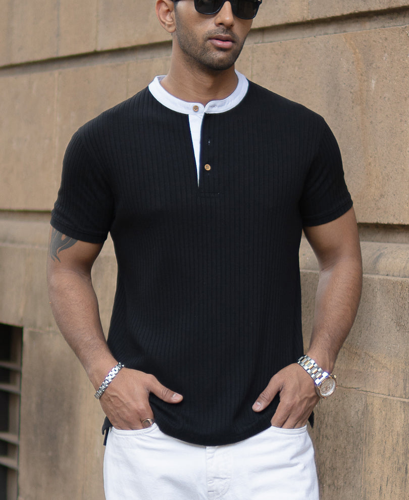 Black Contrast Collar Henley T-Shirt.