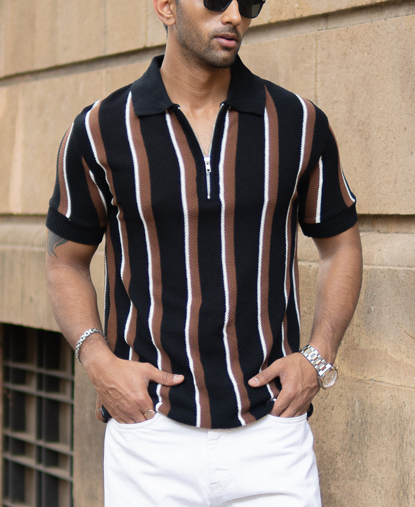 Multicolour Knitted Stripe Zipper T-Shirt.