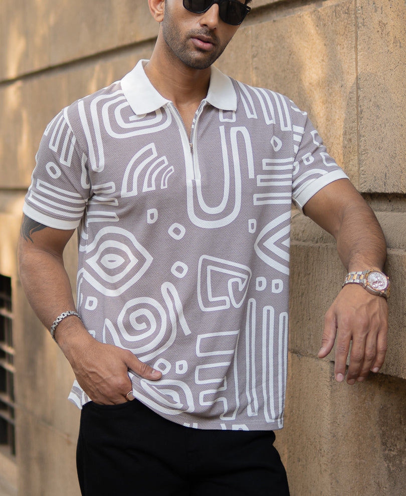Grey Contrast Printed Polo T-Shirt.