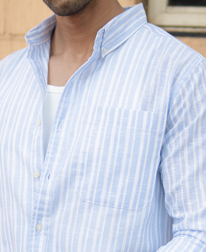 Mid Blue Striped Light Weight Shirt.