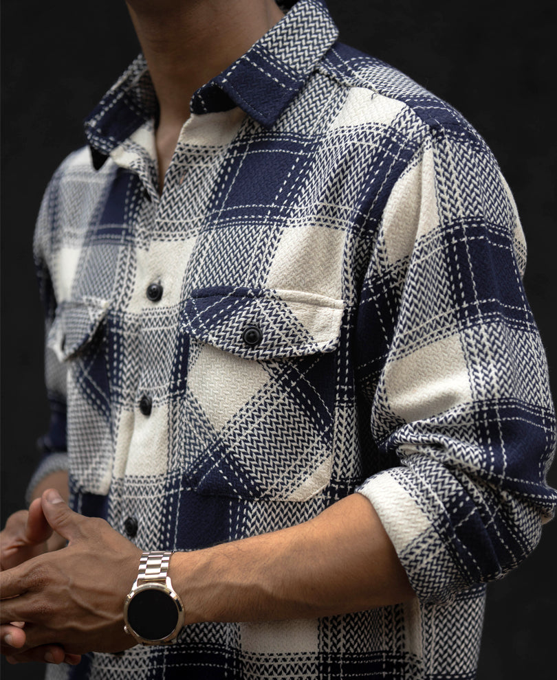 Navy Blue Regular Fit Checked Full Sleeves Shirt.