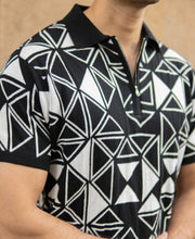 Black Geometric Knit Polo T-Shirt.
